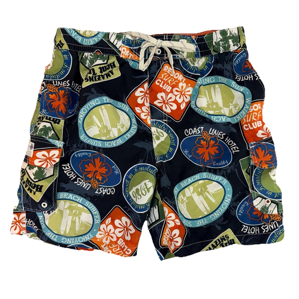 Caribbean Joe Board Shorts Mens L Navy Tropical Surf Swim Trunks 7" Inseam Beach